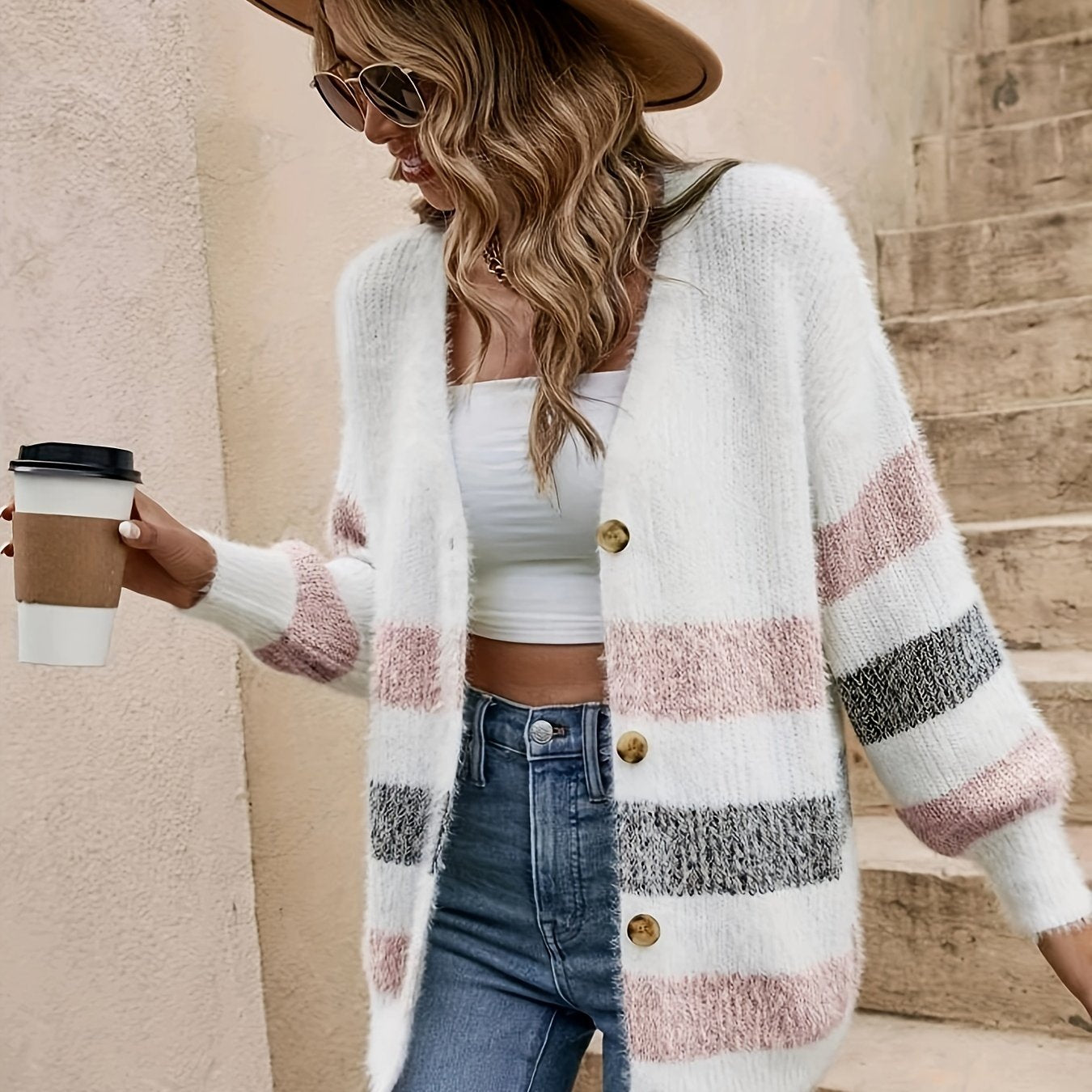 Women's Casual Striped Drop Shoulder Cardigan - Cozy Knit Fabric, Deep V-Neck, Button Closure, Polyester/Nylon Blend, Perfect for Fall/Winter, Lightweight Cardigan