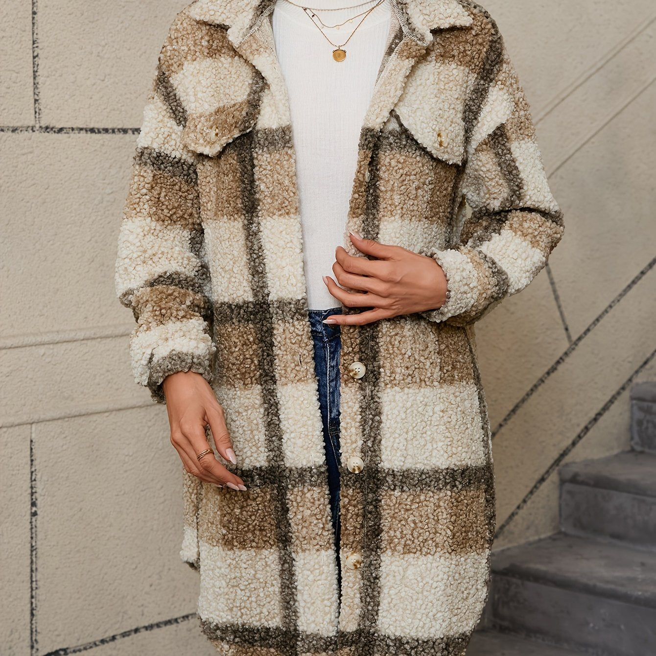 Long Sleeve Long Length Plaid Pattern Fuzzy Thermal Jacket, Casual Button Front Collar Coat for Fall & Winter, Women's Clothing