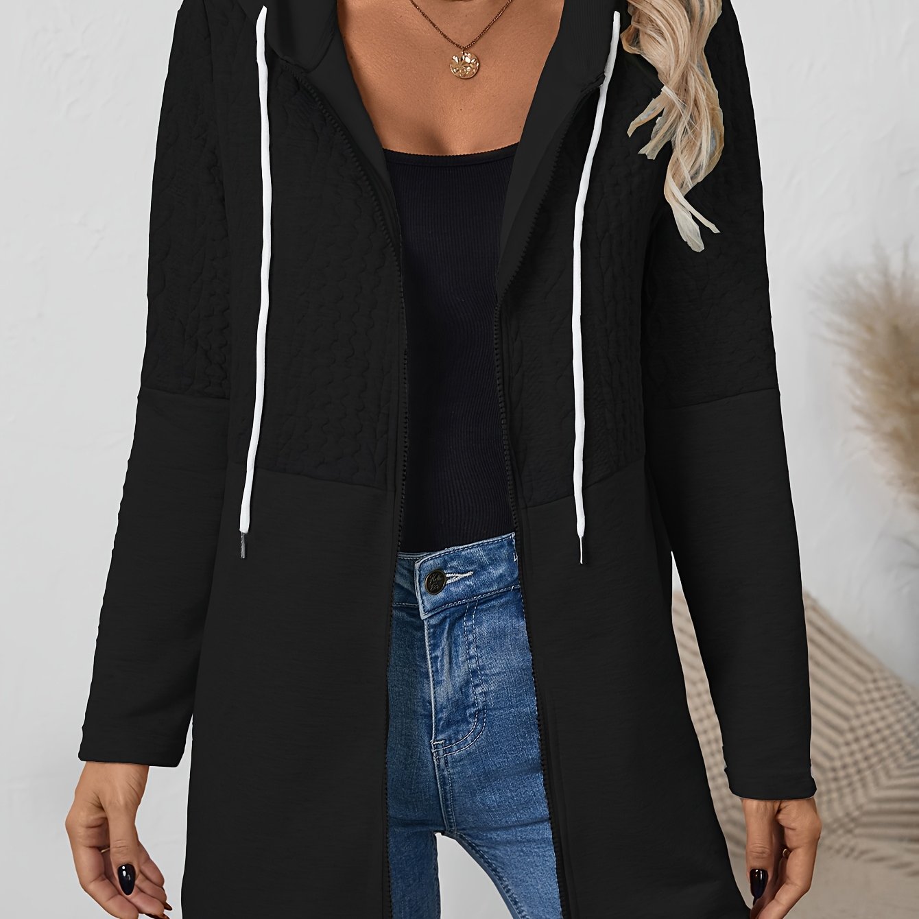 Women's Geometric Pattern Hooded Jacket - Casual Sleeve Winter Coat with Contrast White Accents, Machine Washable Fall & Winter Outerwear, Winter Jacket