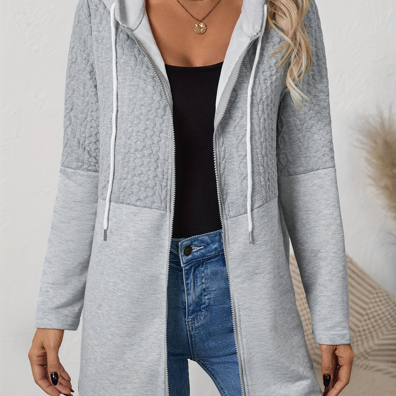 Women's Geometric Pattern Hooded Jacket - Casual Sleeve Winter Coat with Contrast White Accents, Machine Washable Fall & Winter Outerwear, Winter Jacket