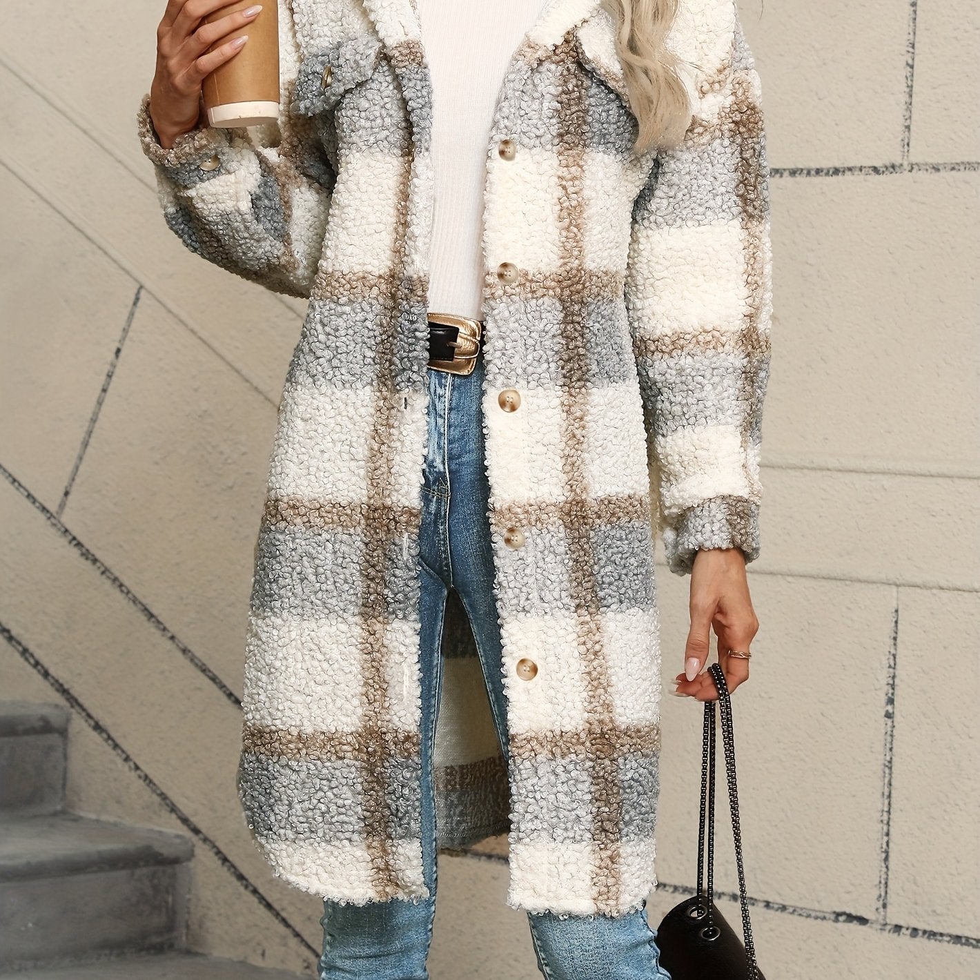 Long Sleeve Long Length Plaid Pattern Fuzzy Thermal Jacket, Casual Button Front Collar Coat for Fall & Winter, Women's Clothing