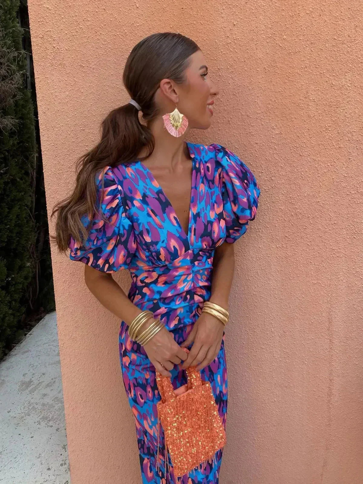 Arielle™ | Colourful Midi Dress with Pleated Sleeves